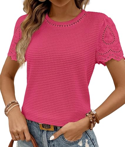 BUNSLOOM Bluse Damen Sommer Kurzarm Spitze Rundhals Aus Waffelstrick Jacquard im Casual T Shirt Stil von BUNSLOOM