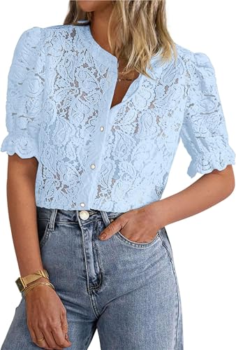 BUNSLOOM Bluse Damen Sommer Spitze Kurzarm Elegant Rundhals Häkel Lochstickerei mit Knopfleiste von BUNSLOOM