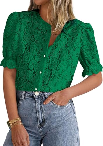 BUNSLOOM Bluse Damen Sommer Spitze Kurzarm Elegant Rundhals Häkel Lochstickerei mit Knopfleiste von BUNSLOOM