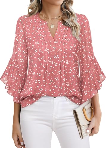 BUNSLOOM Bluse Damen Sommer Tunika Mode V-Ausschnitt 3/4 Ärmel Oberteil Flowy Elegant Shirt Locker Blumen Chiffon Tops von BUNSLOOM