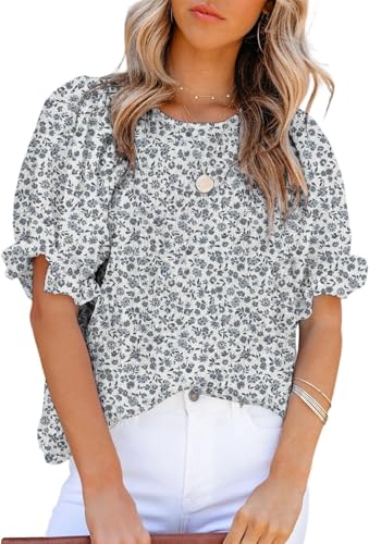 BUNSLOOM Bluse Damen Sommer mit Blumenmuster Rundhals Puffärmel Smocked Babydoll Oberteile Casual BUNSLOOM Bluse Damen Sommer mit Blumenmuster Rundhals Puffärmel Smocked Babydoll Oberteile Casual von BUNSLOOM