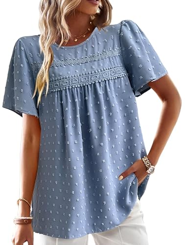 BUNSLOOM Boho Bluse Damen Sommer Chiffon Kurzarm Rundhals Babydoll Stil Elegant Büro von BUNSLOOM
