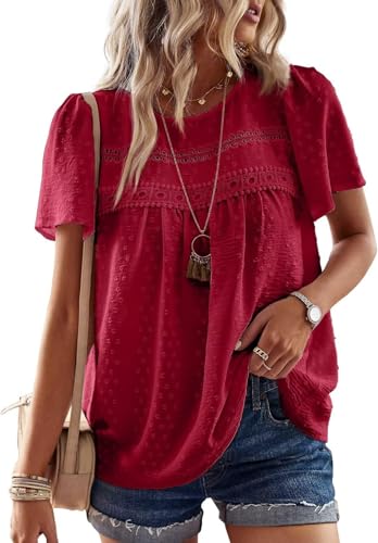 BUNSLOOM Boho Oberteile Damen Sommer Kurzarm Bluse Spitze Locker Einfarbig Casual von BUNSLOOM