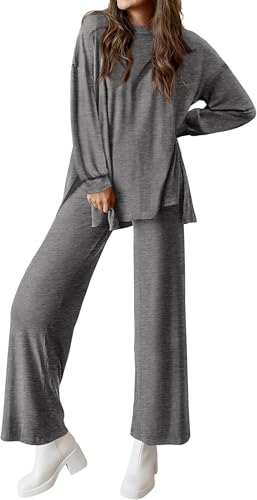 BUNSLOOM Zweiteiler Damen Lounge Set Einfarbig Loungewear Shirt Top Langärm mit Hose Hausanzug Jogginganzug Loungewear Nachtwäsche Hauskleidung von BUNSLOOM