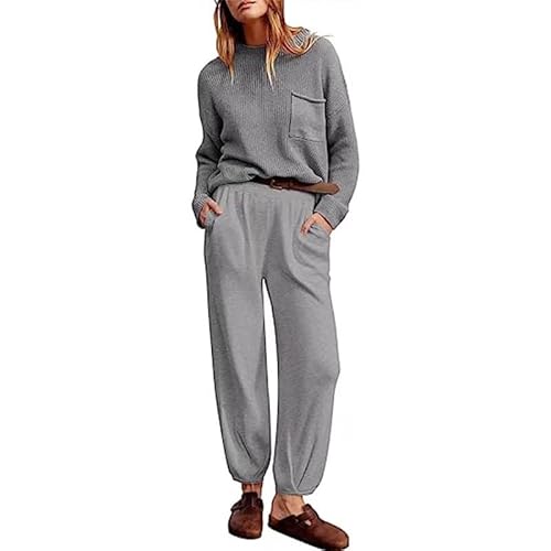 BUNSLOOM Damen 2 Stück Outfits Pullover Sets Langarm Strick Oberteile und lockere Hosen Classy Matching Trainingsanzug Lounge Sets von BUNSLOOM