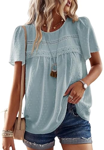 BUNSLOOM Damen Bluse Boho Sommer Rundhals Kurzarm Shirt Casual Chiffon Fließend Spitze Saum Tops Trendy von BUNSLOOM