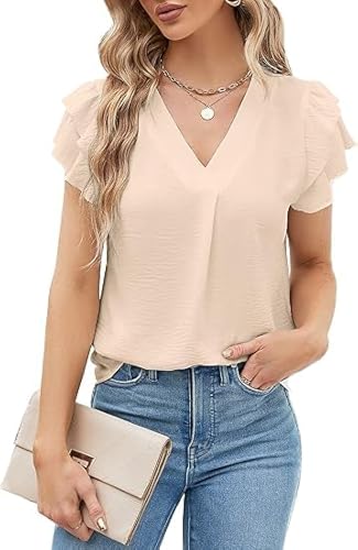 BUNSLOOM Damen Bluse Business Casual V-Ausschnitt Kurzarm Ruffle Arbeit Elegant Shirts Hemdbluse Office Work Tops von BUNSLOOM