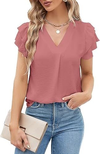 BUNSLOOM Damen Bluse Business Casual V-Ausschnitt Kurzarm Ruffle Arbeit Elegant Shirts Hemdbluse Office Work Tops von BUNSLOOM