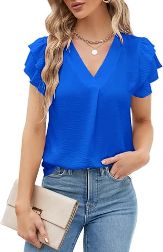 BUNSLOOM Damen Oberteile V-Ausschnitt Kurzarm Rüschen Bluse Elegant Büro Business Sommer Top von BUNSLOOM