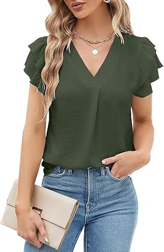 BUNSLOOM Damen Bluse Chiffon Sommer Kurzarm V-Ausschnitt Puff Ärmel Casual Elegante Arbeitsbluse Top Büro Arbeitskleidung von BUNSLOOM
