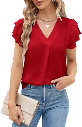 BUNSLOOM Oberteile Damen Sommer Chiffon Kurzarm V-Ausschnitt Puffärmel Elegant Bluse Büro Top von BUNSLOOM