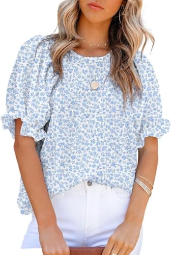 BUNSLOOM Damen Bluse Sommer Blumenmuster Rundhals Kurzarm Babydoll Shirt Lockeres Oberteil von BUNSLOOM