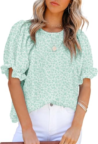 BUNSLOOM Damen Bluse Sommer Blumenmuster Rundhals Kurzarm Babydoll Shirt Lockeres Oberteil von BUNSLOOM