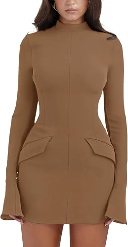 BUNSLOOM Damen Bodycon Kleid Langarm Mini Kleid mit Stehkragen Figurbetontes Partykleid Enges Kleid Elegant Kurz von BUNSLOOM