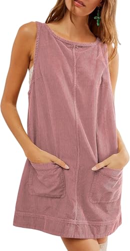 BUNSLOOM Sommerkleid Damen Cord Latzkleid A-Linie Minikleid Rundhals Latzhose Trendy Outfit mit Taschen von BUNSLOOM