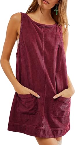 BUNSLOOM Sommerkleid Damen Latzkleid Ärmellos Cord Overall Kleid Vintage Minikleid Latzrock Sommer Latzhose mit Taschen von BUNSLOOM