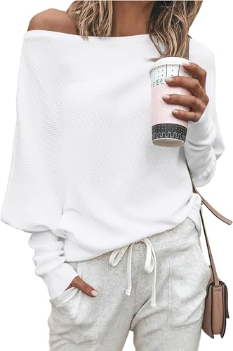 BUNSLOOM Damen Fledermausärmel Oberteil Schulterfrei Lose Pulli Tops Oversize Langarm Sweatshirt Lässig Elegante Oberteile von BUNSLOOM
