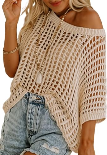 BUNSLOOM Damen Häkel Tops Kurzarm Pullover Mode Aushöhlung Rundhals Strick Tops Cover Ups von BUNSLOOM