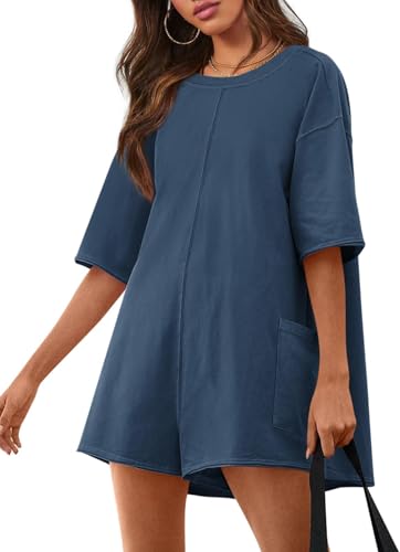 BUNSLOOM Damen Jumpsuit Kurzarm Rundhalsausschnitt Sommer Sportlicher Strampler Übergroßer Rücken V Hals Onesie mit Taschen von BUNSLOOM