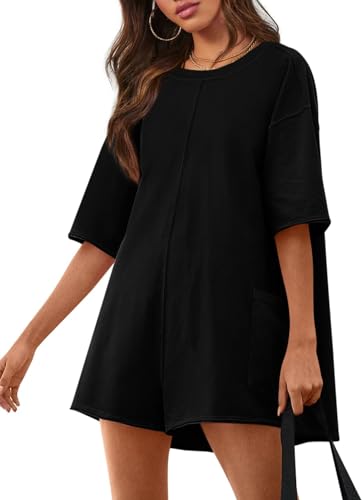 BUNSLOOM Damen Jumpsuit Kurzarm Rundhalsausschnitt Sommer Sportlicher Strampler Übergroßer Rücken V Hals Onesie mit Taschen von BUNSLOOM