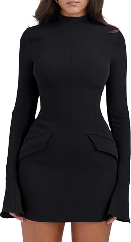 BUNSLOOM Damen Kleider Party Cocktail Ausgestellte Ärmel Stehkragen Bodycon Minikleid Kurzes Partykleid Elegant Slim Fit Businesskleider von BUNSLOOM