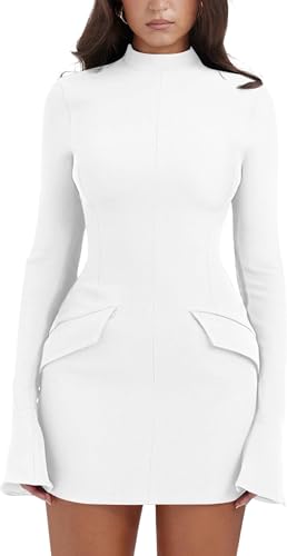 BUNSLOOM Damen Kleider Party Cocktail Ausgestellte Ärmel Stehkragen Bodycon Minikleid Kurzes Partykleid Elegant Slim Fit Businesskleider von BUNSLOOM