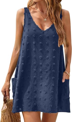 BUNSLOOM Damen Kleider Sommer Ärmellos Chiffon Mini Strandkleider V Ausschnitt Kurz Kleid Sommerkleid Mit Taschen von BUNSLOOM