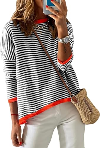 BUNSLOOM Damen Langarm Gestreiftes Pullover Casual Crewneck Gestreifter Sweatshirt Gestrickt Farbblock Oberteile von BUNSLOOM