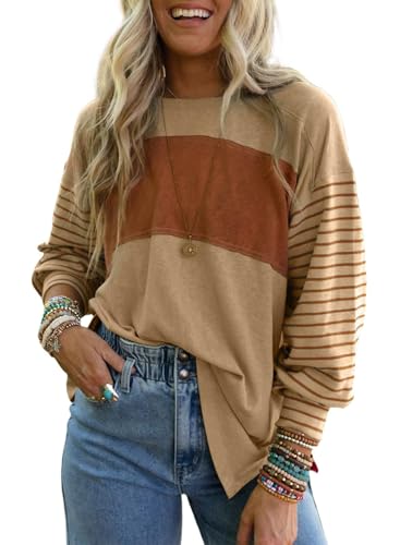 BUNSLOOM Damen Langarmshirt Oversized Farbblock Rundhals Trend Lockeres Oberteil Casual Bluse von BUNSLOOM