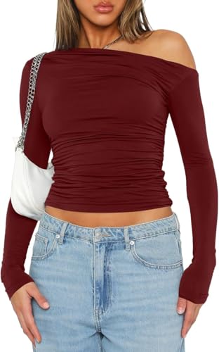 BUNSLOOM Damen Langarmshirt Schulterfreies Festliche Oberteile Y2K One Shoulder Shirts Ausgehen Slim Fit Crop Tops Oberteil von BUNSLOOM