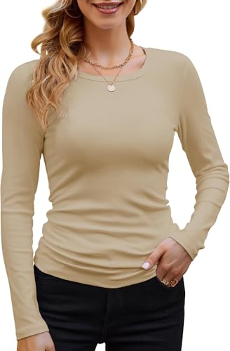 BUNSLOOM Damen Langarmshirts Gerippter Rundhals Lässig Basic Shirt Fitted Strick Herbst Tops 2025 Elegante Oberteile Beige XL von BUNSLOOM