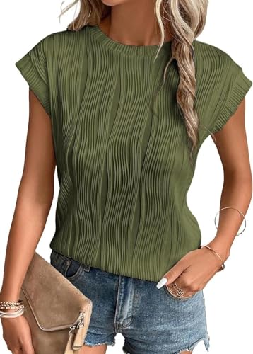 BUNSLOOM Bluse Damen Sommer Kurzarm Casual Oberteile Textured Basic Trendy T Shirts von BUNSLOOM
