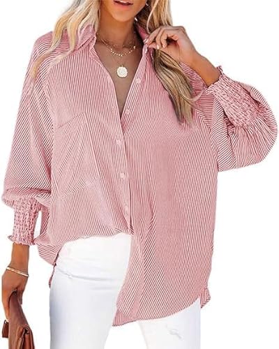 BUNSLOOM Damen Oversize Bluse Langarm Gestreift Boyfriend Hemd mit Kragen Smocked Ärmel Knopfleiste mit Tasche Elegant Lockeres Oberteil BUNSLOOM Damen Oversize Bluse Langarm Gestreift Boyfriend Hemd mit Kragen Smocked Ärmel Knopfleiste mit Tasche Elegant Lockeres Oberteil von BUNSLOOM