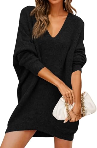BUNSLOOM Damen Oversized PulloverKleid Herbst V Neck Langarm gerippt Stricken lässig lose Mini Pullover Kleider von BUNSLOOM