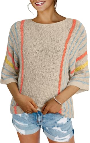 BUNSLOOM Damen Pullover Casual Strickpullover Farbe Block Streifen Leicht Kabelstrick Boho Shirt von BUNSLOOM