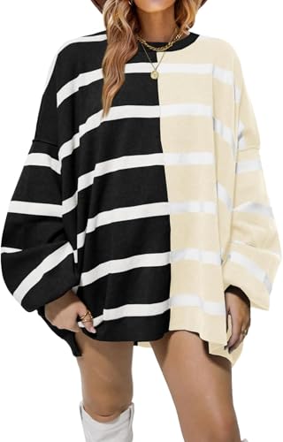 BUNSLOOM Damen Pullover Herbst Gestreifter Sweatshirts Rundhals Langarm Gestrickt Farbe Block lässig lose leichte Pullover von BUNSLOOM