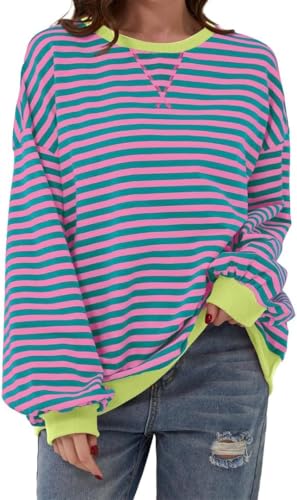 BUNSLOOM Damen Pullover Herbst gestreift Lange Laterne Ärmel weich lose Rundhals Y2K Sweatshirts von BUNSLOOM