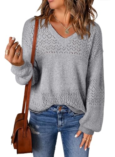 BUNSLOOM Damen Pullover Langarm V-Ausschnitt Leicht Häkeln Oberteile Lose Casual Herbst Weich Jumper Sweater von BUNSLOOM