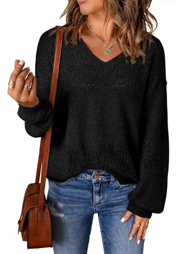 BUNSLOOM Damen Pullover Langarm V-Ausschnitt Leicht Häkeln Oberteile Lose Casual Herbst Weich Jumper Sweater von BUNSLOOM