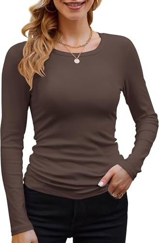 BUNSLOOM Damen Rippstrick Top Langarm Rundhals Eng Basic Strickshirt Slim Fit Oberteile Braun XL von BUNSLOOM