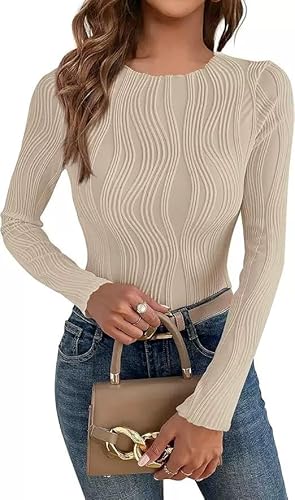 BUNSLOOM Damen Rundhals Oberteile 2025 Herbst Mode Langarm Bluse Slim Fit Strukturiertes Basic Strick T-Shirt Y2k Kleidung von BUNSLOOM
