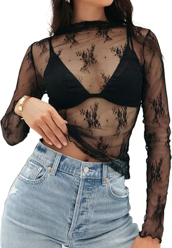 BUNSLOOM Damen Sheer Mesh Langarmshirt Spitzen Blumenmuster Stehkragen Durchsichtig Enge Unterziehshirt Layering Tops Bluse von BUNSLOOM