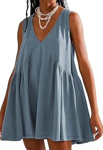 BUNSLOOM Damen Sommer Ärmelloses Minikleid Lässiges Lose V Hals Sonnenkleid Swing Fließendes Strandkleid mit Tasche Falten von BUNSLOOM