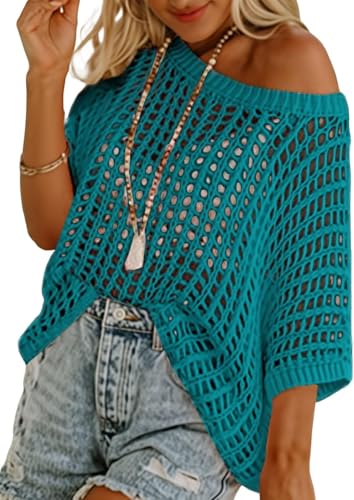 BUNSLOOM Damen Sommer Pullover Rundhals Kurzarm Häkelshirt Hohlstrick Oberteil Strand Cover Up Shirt Locker Stricktop von BUNSLOOM