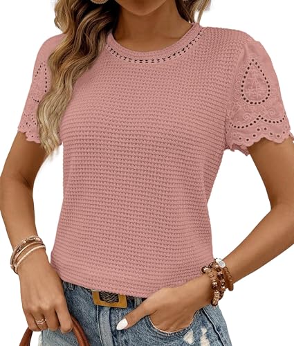 BUNSLOOM Damen Sommer T Shirts Kurzarm Rundhals Waffelstrick Jacquard Oberteile Casual Bluse French Style von BUNSLOOM