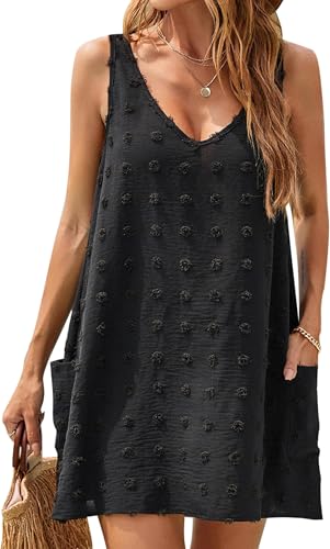 BUNSLOOM Damen Sommerkleider Swiss Polka Dot Beach Cover Up V-Ausschnitt Tankkleider mit Taschen von BUNSLOOM