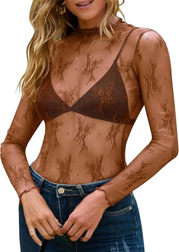BUNSLOOM Damen Spitze Oberteile Mesh Langarm Oberteil Floral Durchsichtig Spitze Shirt Mock Neck Party Club Bluse von BUNSLOOM