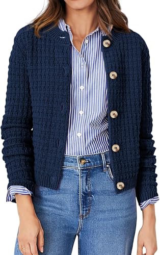 BUNSLOOM Damen Strickjacke Offene Knopfleiste Kurz Cardigan Pullover Rundhals Herbst Winter 2025 Frühling Casual Strick Cardigan Dunkelblau M von BUNSLOOM