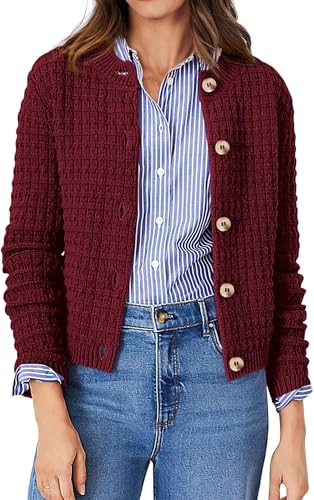 BUNSLOOM Damen Strickjacke Offene Knopfleiste Kurz Cardigan Pullover Rundhals Herbst Winter 2025 Frühling Casual Strick Cardigan Weinrot L von BUNSLOOM