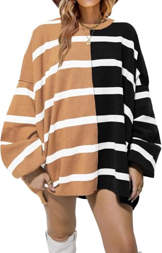 BUNSLOOM Damen Striped Pullover Rundhals Langarm Gestrickt Farbe Block Casual Loose Lightweight Pullover für Frauen von BUNSLOOM